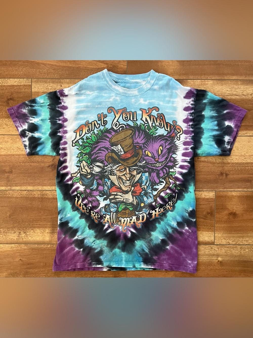 Men’s Liquid Blue Tie-Dye Alice in Wonderland Mad Hatter Graphic Tee